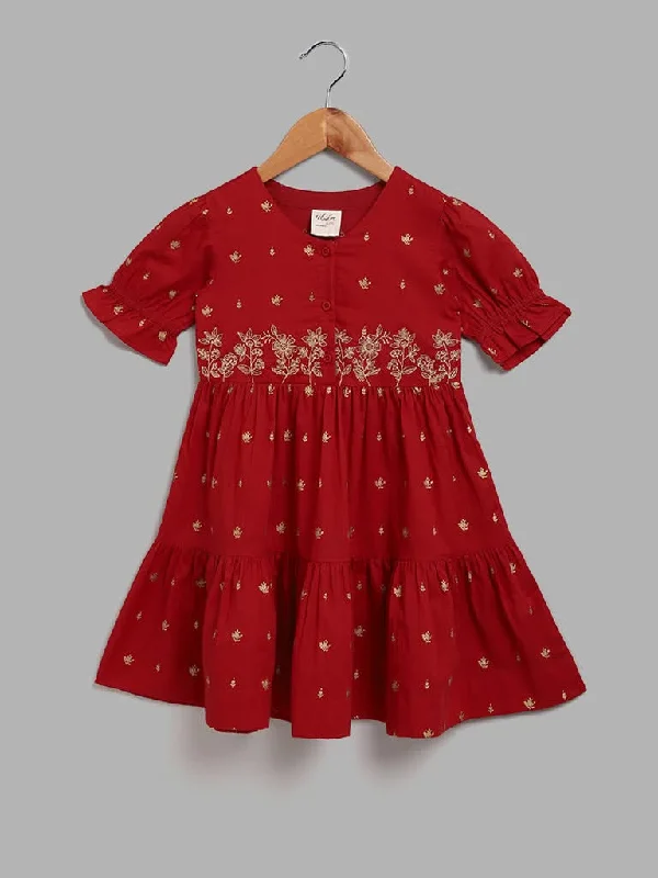 Women's pants for office meetings High - waisted women jeans for a flattering silhouette Utsa Kids Red Floral Foil Printed Gathered Dress (2 - 8yrs)