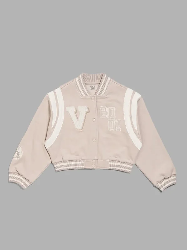 Women's junior - sized denim pants Distressed women jeans for a trendy and edgy look Y&F Kids Beige Embroidered University Jacket Women's junior - sized denim pants Distressed women jeans for a trendy and edgy look Y&F Kids Beige Embroidered University Jacket