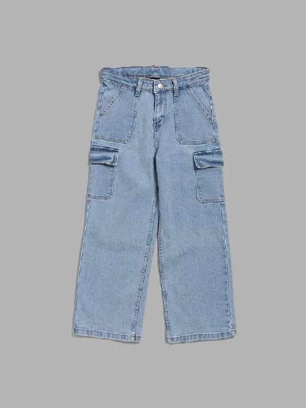 Women's belt - looped work pants Stretch women jeans for enhanced mobility and comfort Y&F Kids Blue Relaxed - Fit High - Rise Jeans