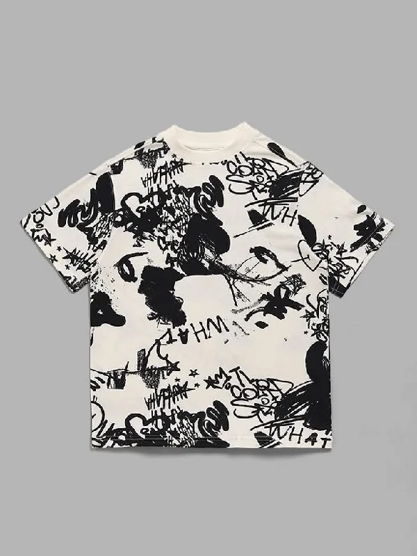 Women's pants for running Wide - leg women jeans for a modern and relaxed vibe Y&F Kids Off White & Black Abstract Printed T-Shirt Women's pants for running Wide - leg women jeans for a modern and relaxed vibe Y&F Kids Off White & Black Abstract Printed T-Shirt