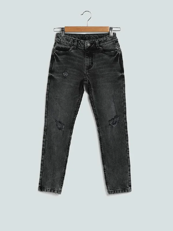 Women's pants for cocktail parties Distressed women jeans for a trendy and edgy look Y&F Kids Solid Charcoal Slim - Fit Mid- Rise Denim Jeans