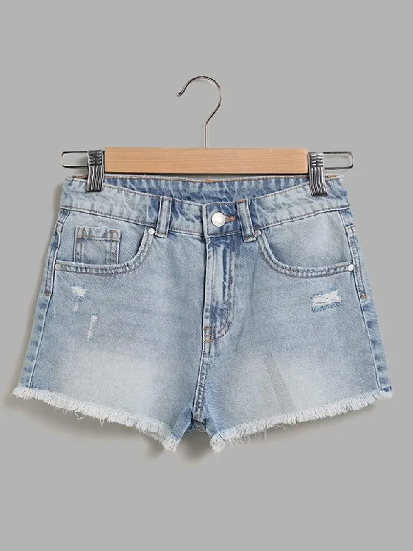 Women's pants for beach parties Straight - leg women jeans with a classic and timeless appeal Y&F Kids Solid Light Blue Denim Shorts